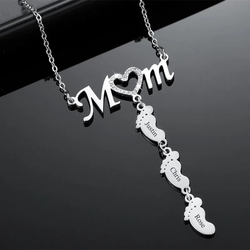 New Personalized Engraved Baby Feet Name Necklace Staless Steel Customized Children's Names Zircon Jewelry Mother's Day Gift