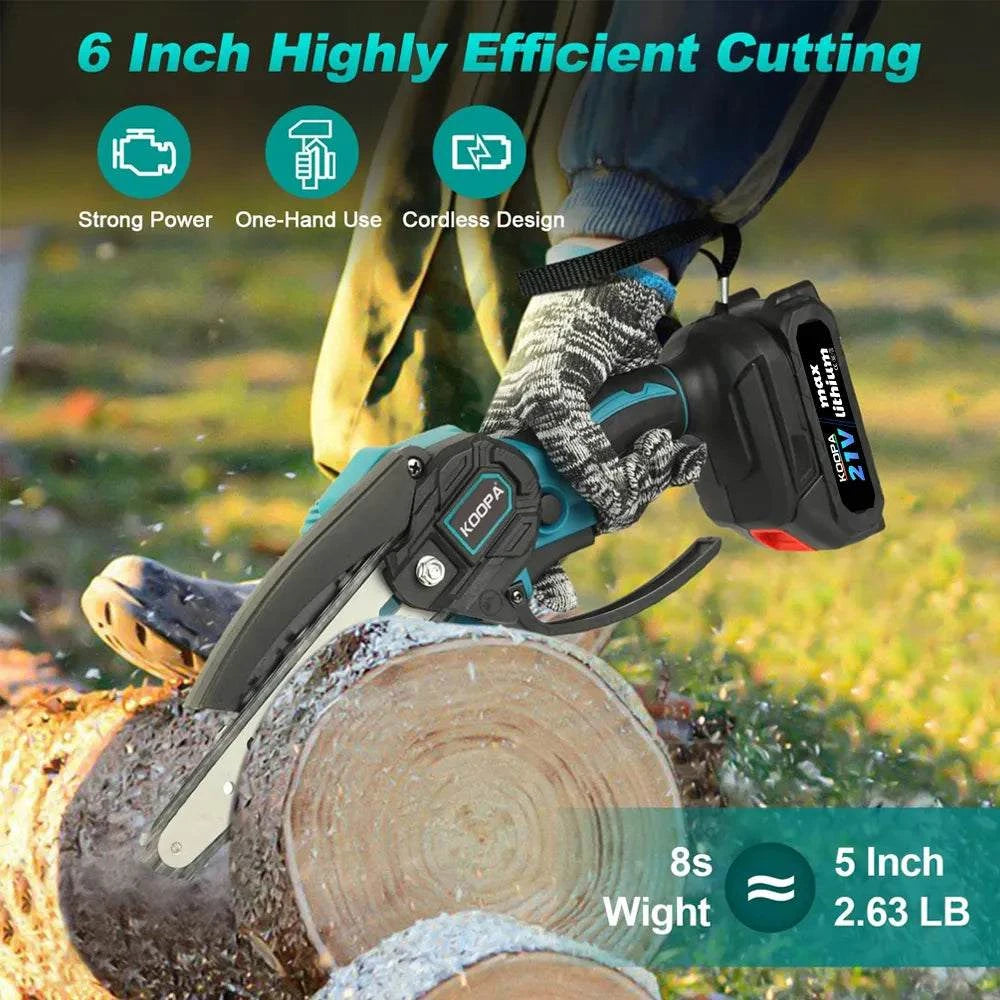 Mini Chainsaw Koopa Tool 6-Inch Powerful Cordless Rechargeable Handheld Small Electric Saw Powered by 21V 2000/3000mAh Batteries