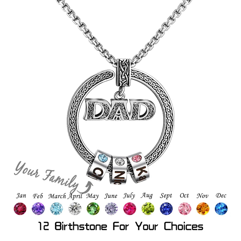 DAD G-Shape Pendant Necklaces Custom 6 Names Birthstones Copper Beaded Round Pattern Family Necklace Jewelry Father's Day Gifts