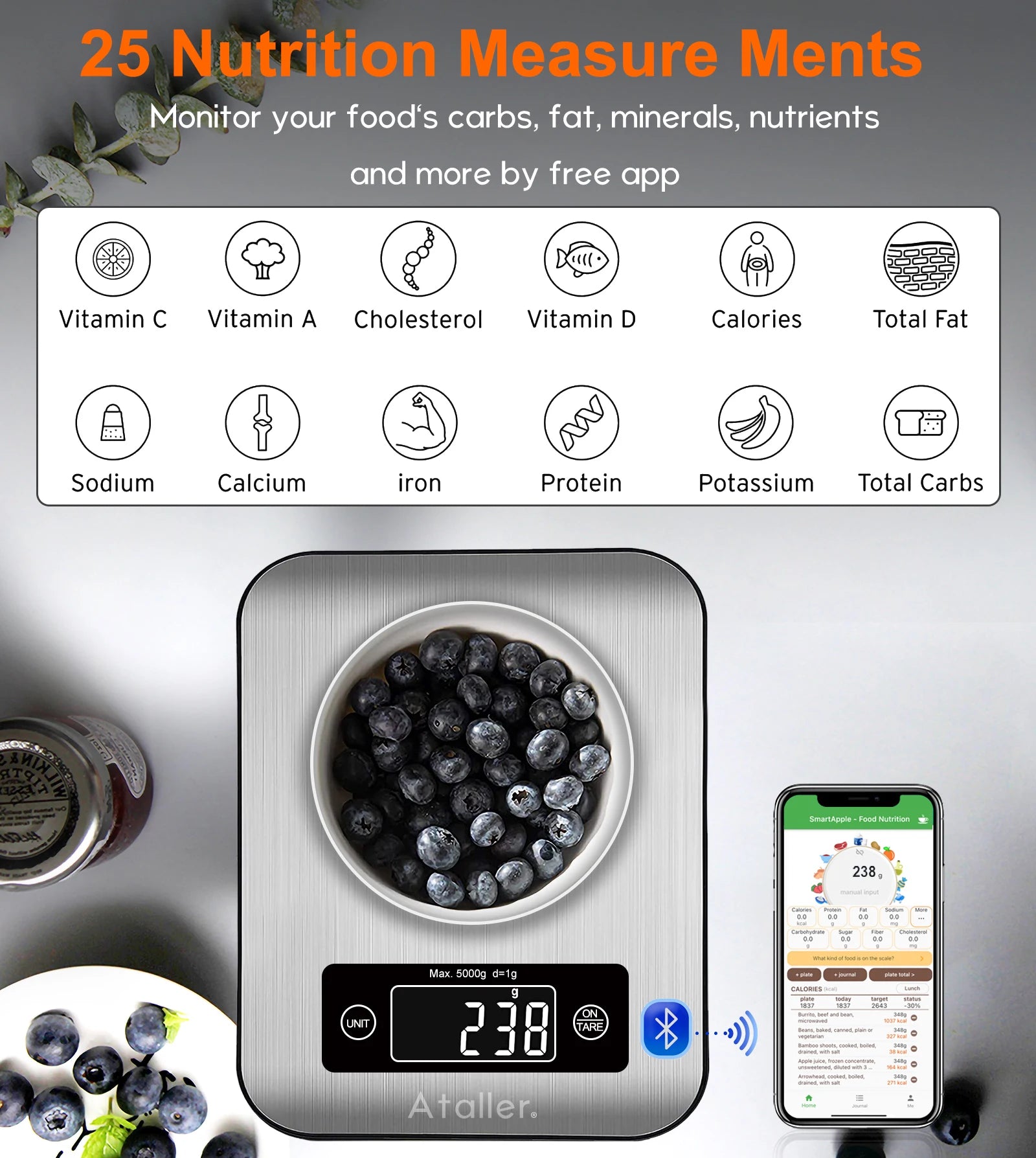 Ataller Smart Kitchen Food Scale Electronic Bluetooth APP Digital Weight Balance With Nutrition Analysis 5kg Stainless Steel