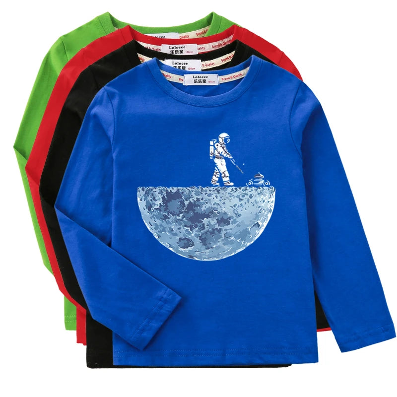 Boys Long Sleeved Shirt Astronaut Funny T-shirt Spring Autumn Cotton Clothes Kid Spaceman Fashion Tops