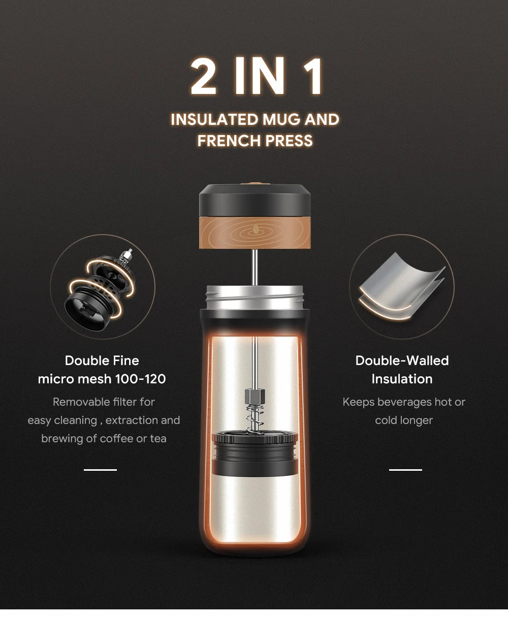 i Cafilas 12oz French Press Coffee Maker Vacuum Insulated Travel Coffee Mug Coffee Press Stainless Steel  Hot/Cold Brew