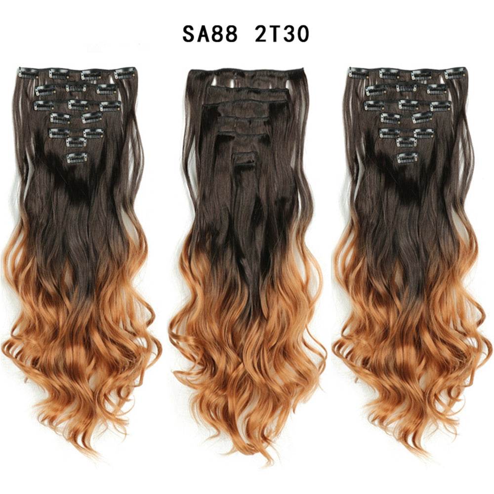 LINWAN Hair 22inch Ombre Hair Long Curly Hair Extension 16 Clips High Tempreture Synthetic Hairpiece Clip In Hair Extensions - RY MARKET PLACE