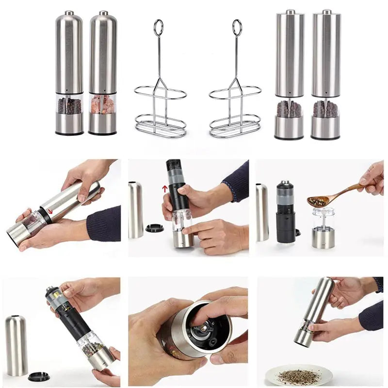 Electric Stainless Steel Salt Pepper Grinder,Automatic Gravity Grinder,Herb Spice Mill,Adjustable Coarseness Outdoor BBQ Grinder