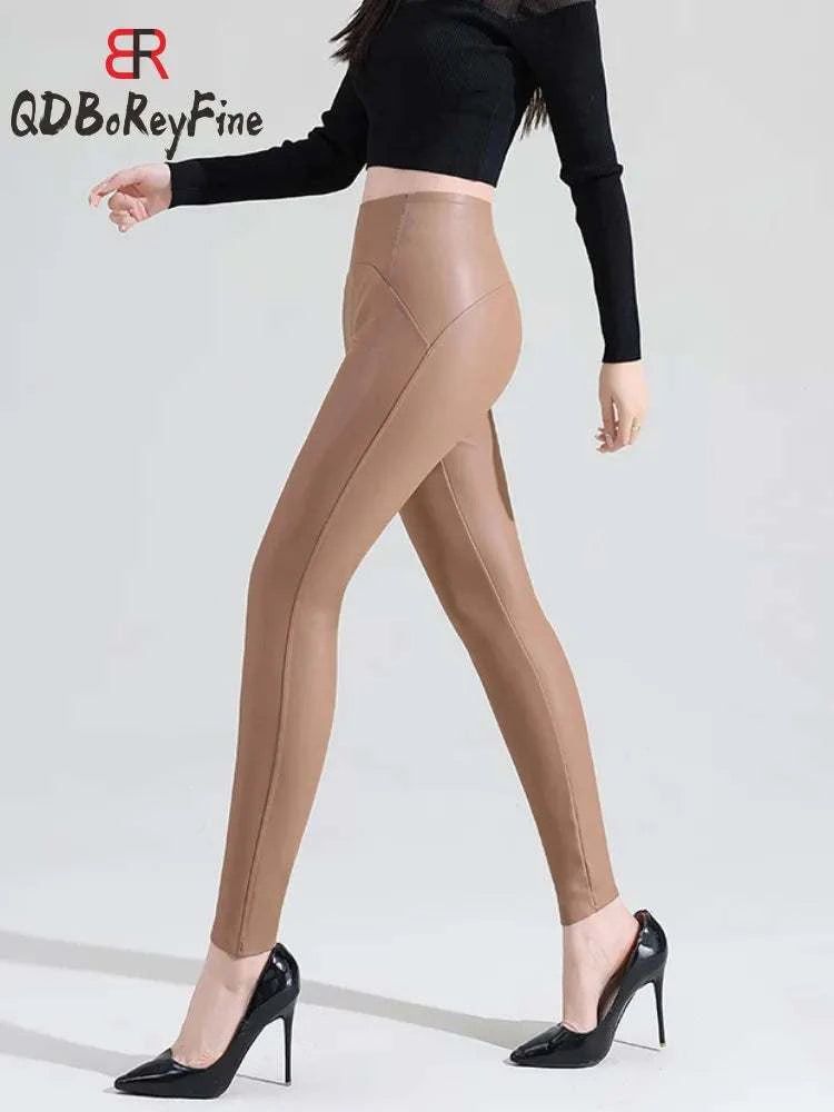 New Thin Fleece Pu Leather Leggings for Women Winter Autumn High Waist Pants Push Up Black Sexy Tights Stretch Fitness Leggings