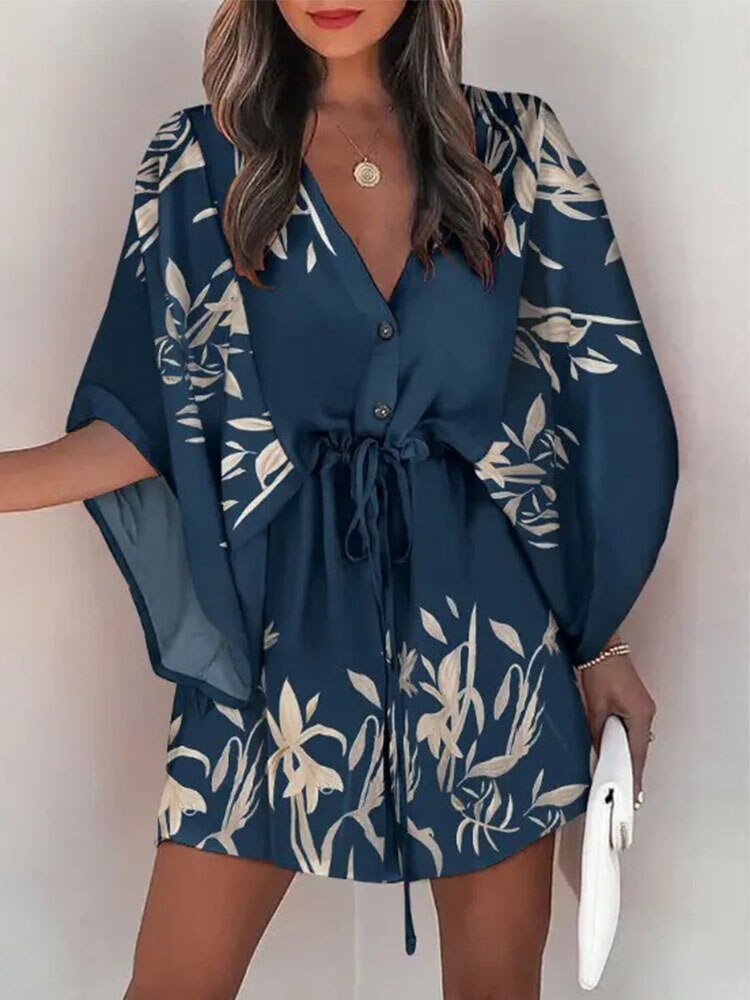 Casual Boho Button Beach Dresses 2023 New Vintage Batwing Sleeve Drawstring Dress Women Fashion Loose V-Neck Printed Mini Dress - RY MARKET PLACE