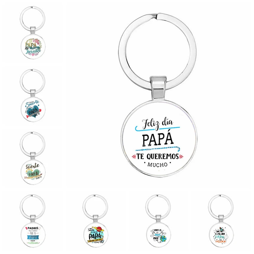 Fashion Jewelry Glass Pendant Metal Keychain Happy Father's Day Spanish Super Papa Gifts