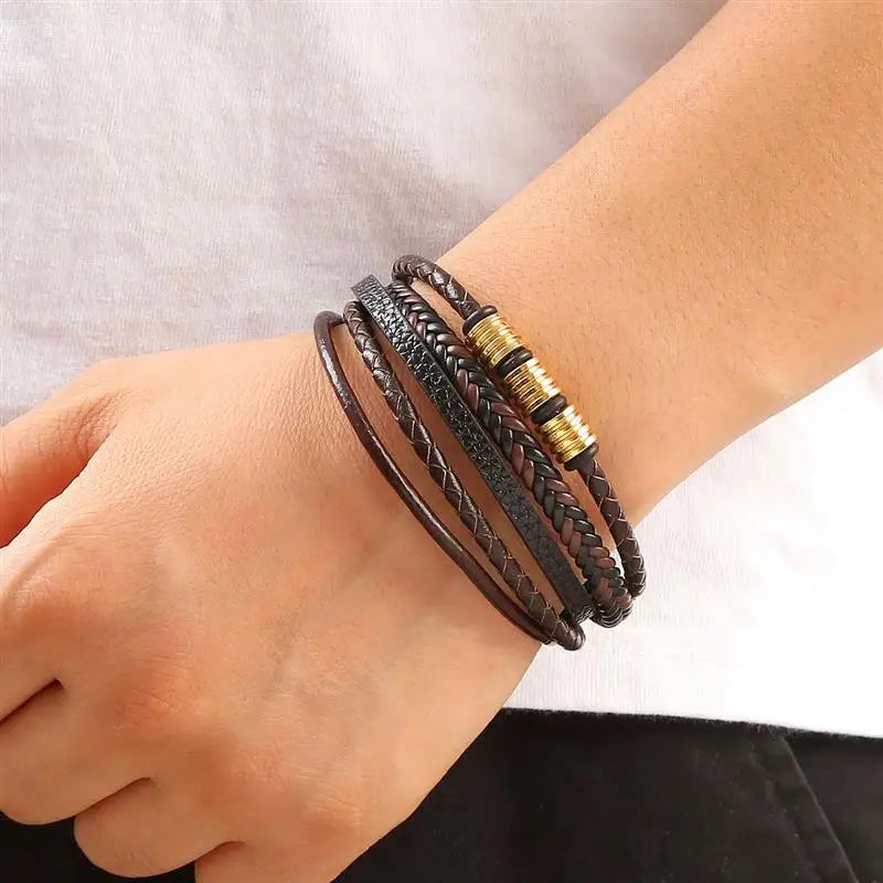 New Luxury Men's Leather Bracelet High Quality Hand-woven Multi-layer Combination Bangle Bracelet for Men Father's Day Gift