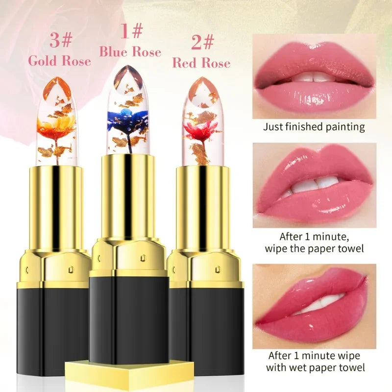 Long Lasting Temperature Color Changing Lip Balm Crystal Jelly Flower Lipstick Gloss Transparent Moisturize Lips Makeup Cosmetic