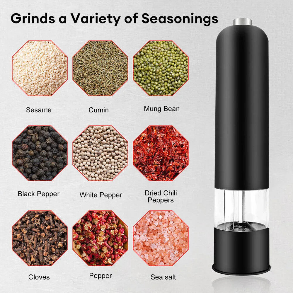 Black Electric Automatic Salt and Pepper Grinder Spices Mill Kitchen Tool Battery Operated Adjustable Coarseness with LED Light