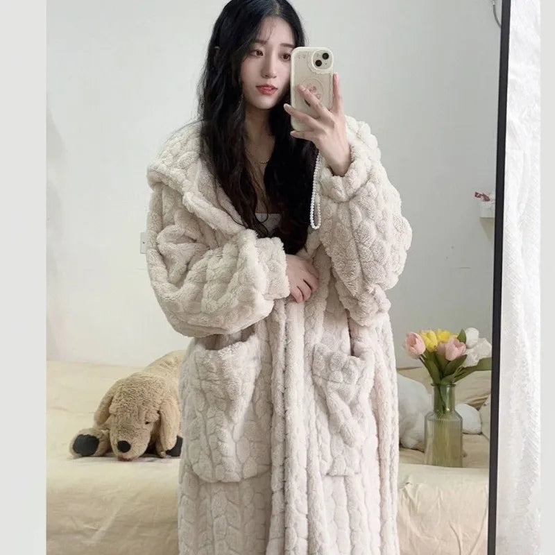 Pocket Robe for Women Sleepwear Winter Nightdress Night Wears Warm Fleece Pajama One Piece Nightgown Hooded Sleeping Homewear