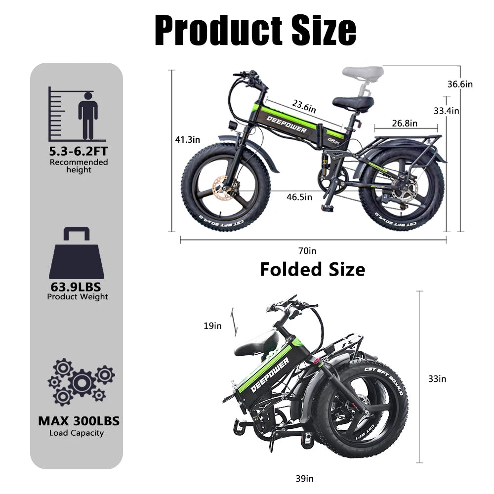 DEEPOWER 2000W Adults Electric Bike Bicycle 48V 20AH 20 Inch Fat Tire Folding Electric E Bikes Mountain Oil Brake 1000W Ebike