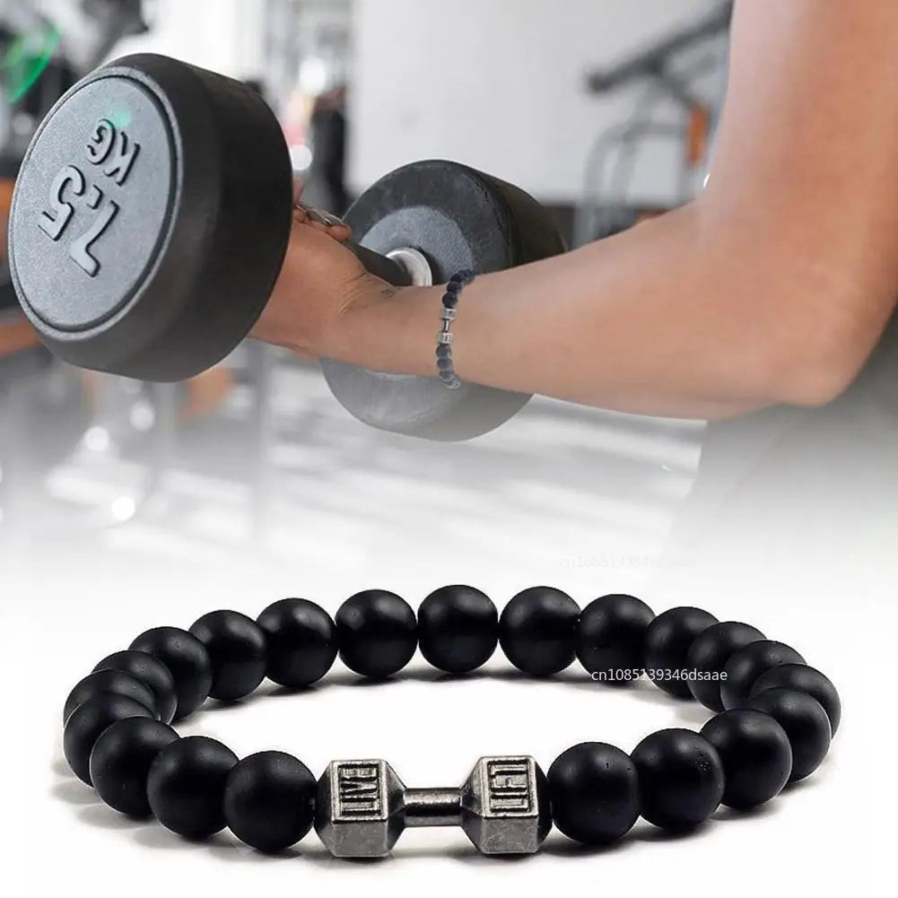 Lava Bracelet Black Volcanic Stone Black Matte Dumbbell Beads Bracelets Father's Day Gift for Women Men Fitness Barbell Jewelry