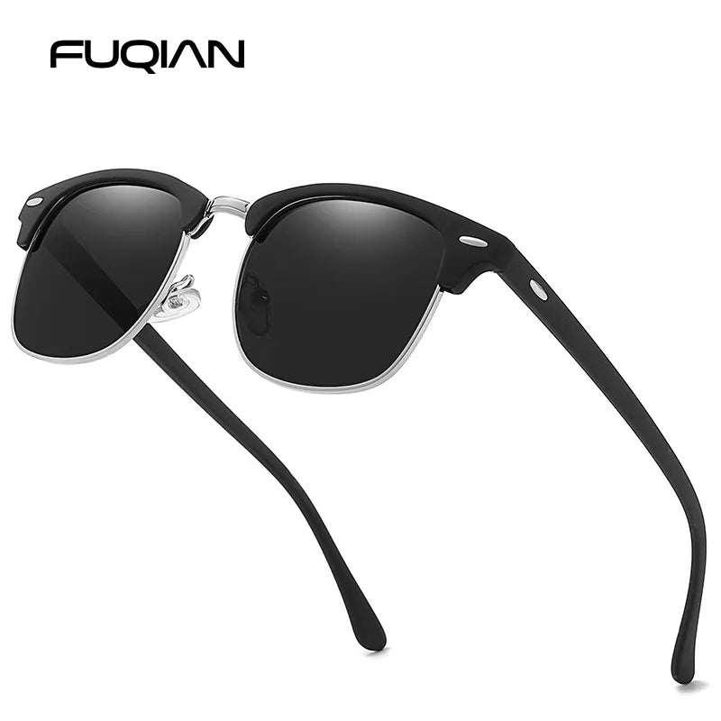 Classic Half Frame Polarized Sunglasses Men Women Retro Square Rivet Sun Glasses Male Vintage Driving Anti-glare Shades UV400