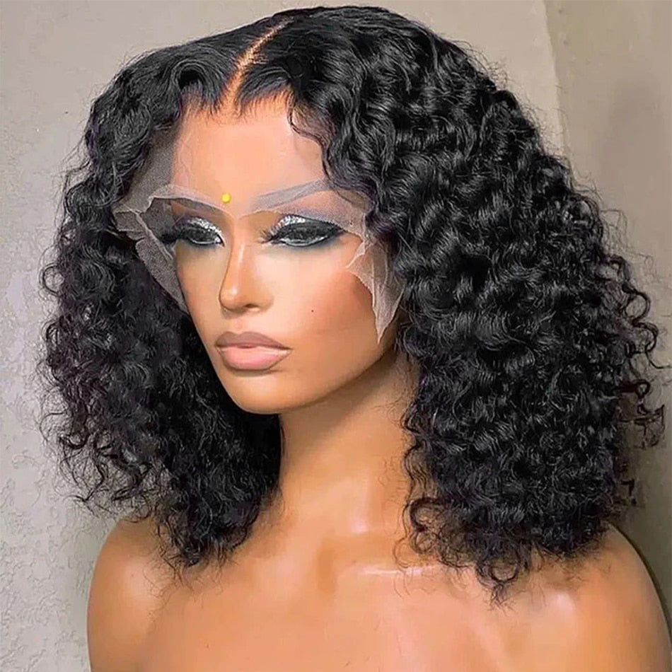 12A Short Bob Wig Deep Wave Human Hair Wigs Water Wave Frontal Wig Remy Hair Jerry Curly Bob Lace Front Wig Transparent Wigs - RY MARKET PLACE