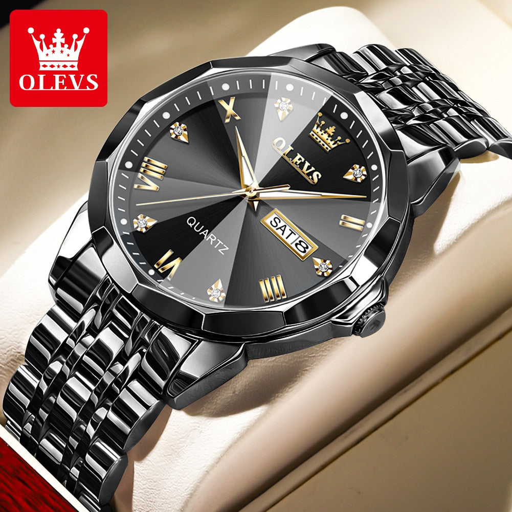 OLEVS Men's Watches Top Brand Original Quartz Watch for Man Waterproof Rhombus Mirror Luminous Wristwatch Date Week Casual New - RY MARKET PLACE