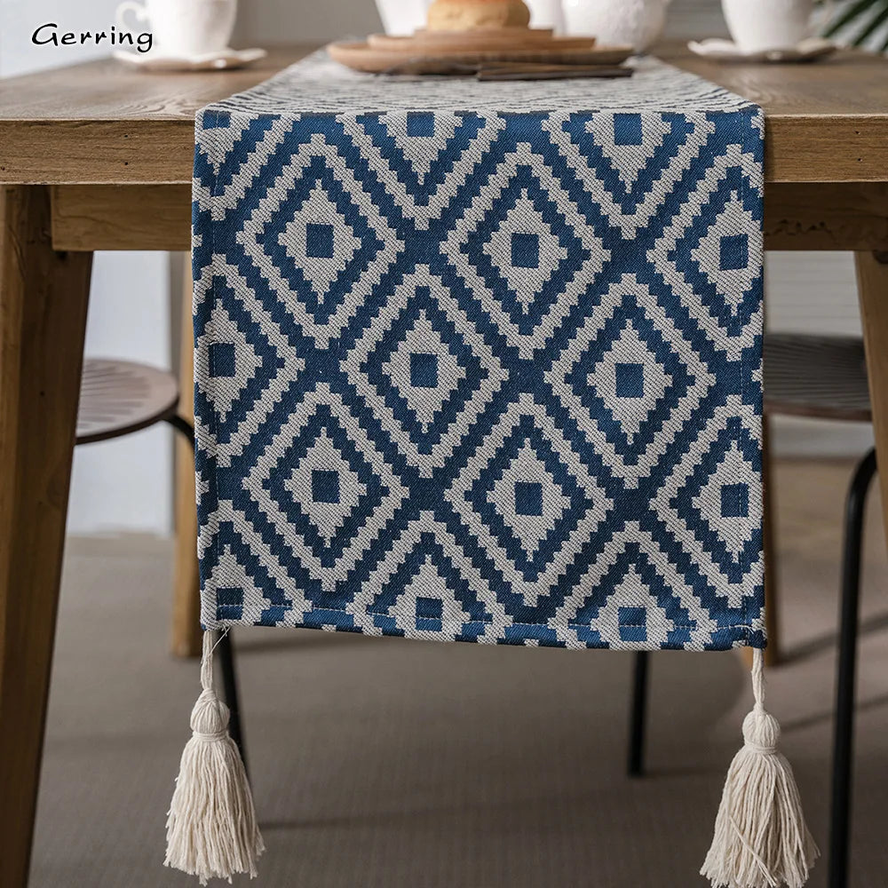 Gerring Nordic Jacquard Blue Table Runner Geometric Tassel Green Tea Table Flag Modern Elegant Table Runners For Dining Table