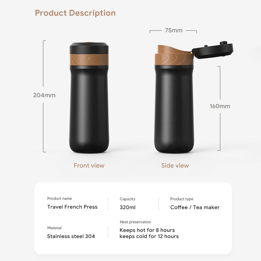 ICafilas 350ml Portable Coffee Pot French Press Coffee Maker Stainless Steel Insulated Travel Mug With Coffee Plunger Filter