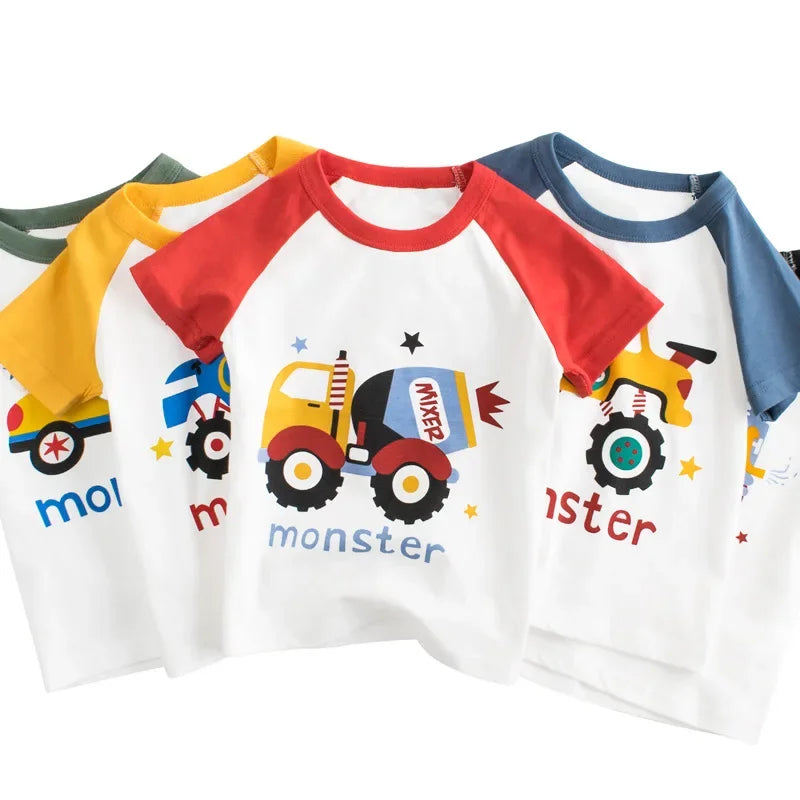 2-9 Years Boys T Shirt Cartoon Animals Baby Kids Children Cotton Short Sleeves Summer Clothing Car Dinosaur Shark Printing KF919