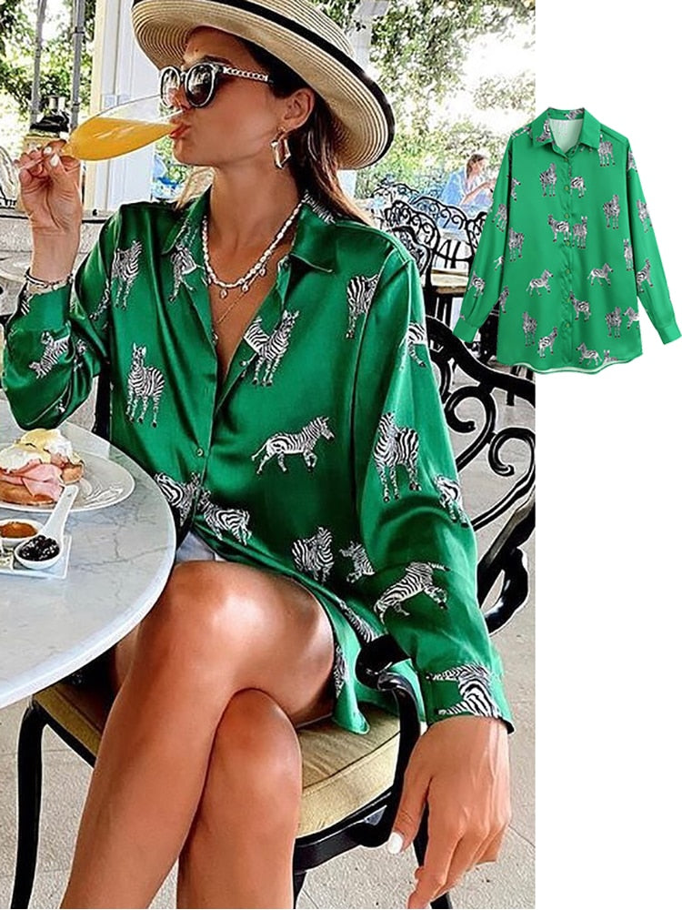 women satin blouse long sleeve zebra print shirts vintage office ladies tops femme chandails fashion blusa de mujer Chandails - RY MARKET PLACE