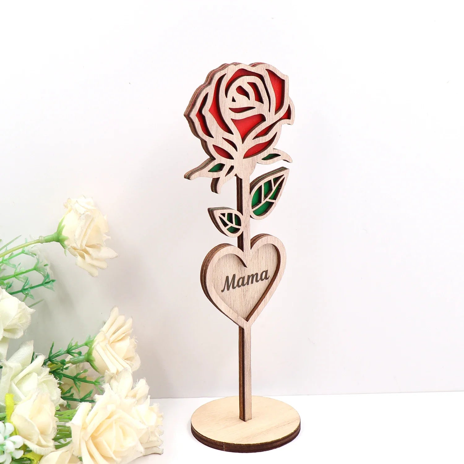 1pcs-Mother's Day Roses Laser Cut Art Wood Flower Heart Mama Love Gift