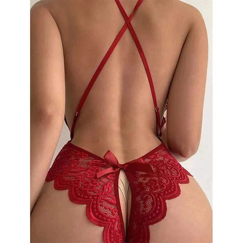 Crotchless Red Sexy Underwear Women Lace Hollow Bra Set Erotic Costume Teddy Baby Doll Dress Deep V Open Bra Bow Lingerie Set