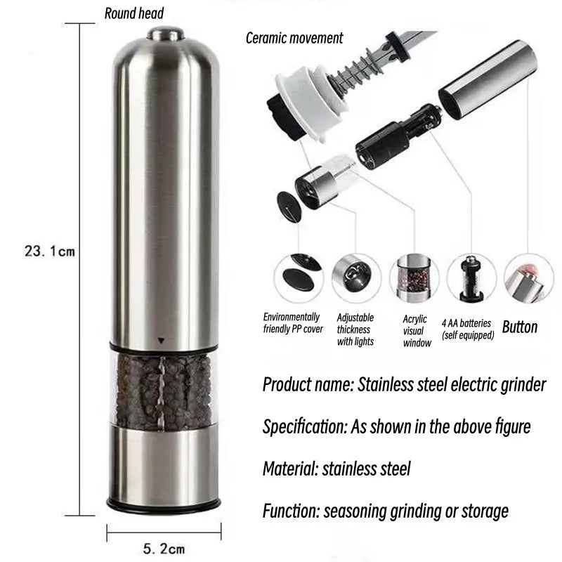 Electric Stainless Steel Salt Pepper Grinder,Automatic Gravity Grinder,Herb Spice Mill,Adjustable Coarseness Outdoor BBQ Grinder