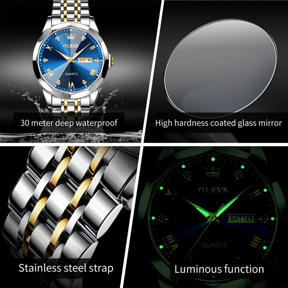 OLEVS Men's Watches Top Brand Original Quartz Watch for Man Waterproof Rhombus Mirror Luminous Wristwatch Date Week Casual New - RY MARKET PLACE