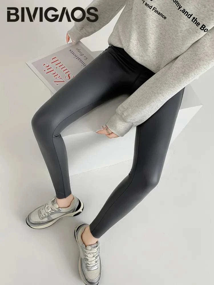 BIVIGAOS Fall New Tight Stretch Leather Pants Women Sharkskin High Waist Splicing PU Leather Fleece Sexy Leggings Winter Warm