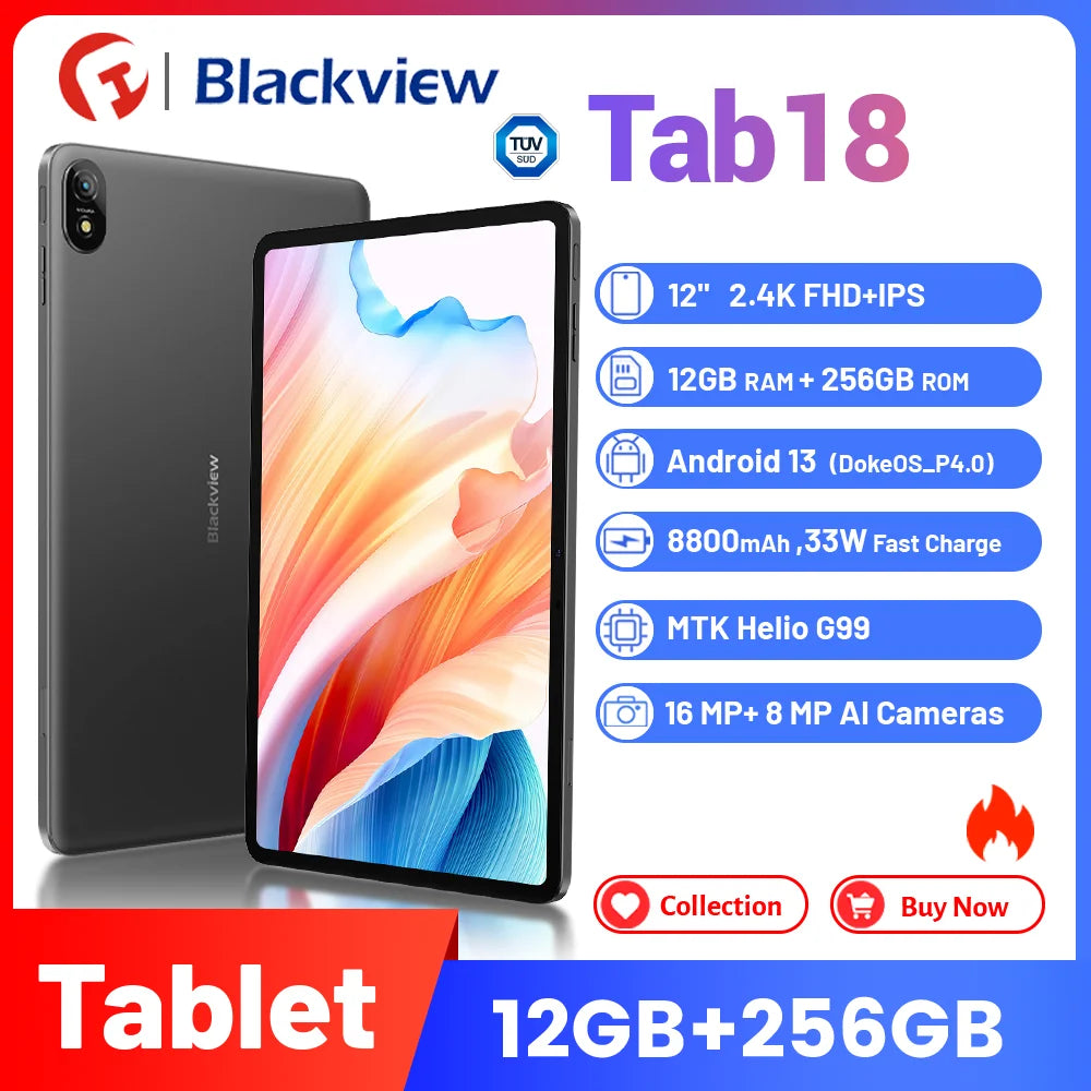 front webcam pixelssecond webcam pixels Blackview Tab 18 Tablet Global Version,12GB+256GB,12 inch Tablet PC ,8800mAh,Helio G99 ,2.4K FHD+Display