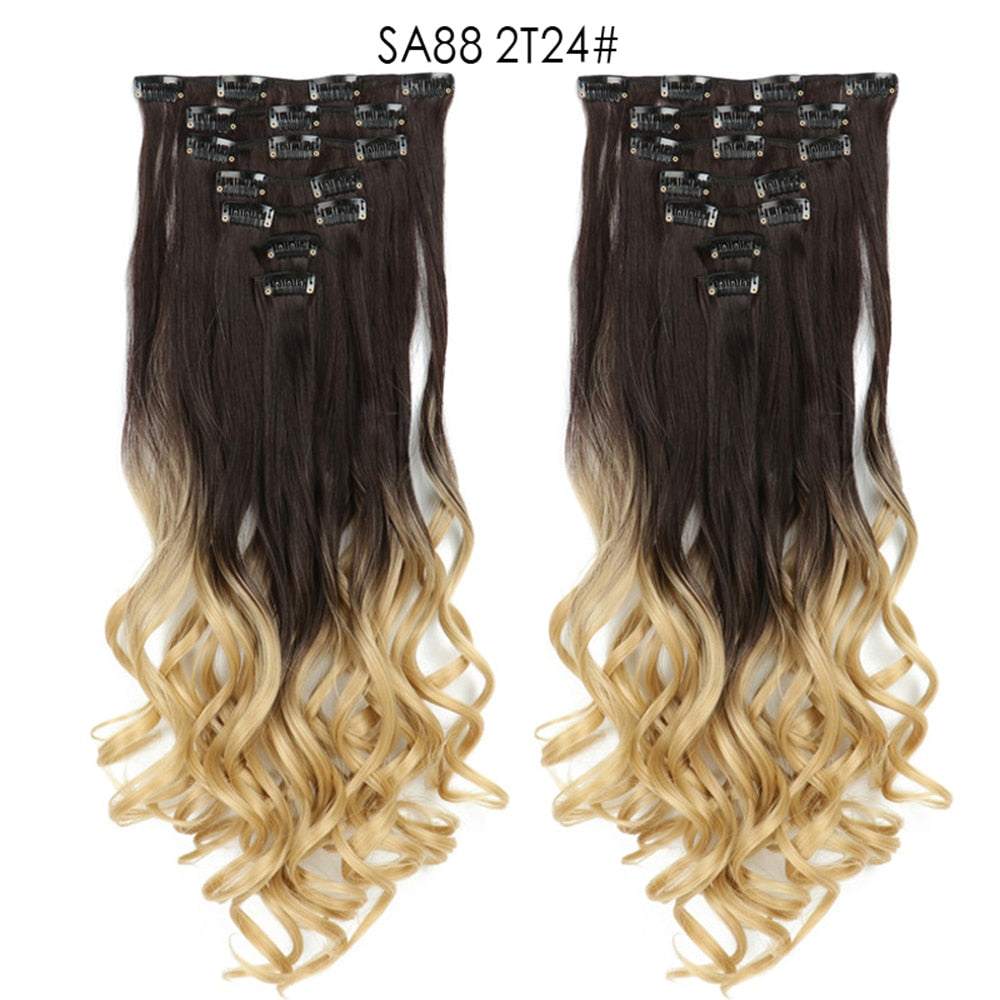 LINWAN Hair 22inch Ombre Hair Long Curly Hair Extension 16 Clips High Tempreture Synthetic Hairpiece Clip In Hair Extensions - RY MARKET PLACE