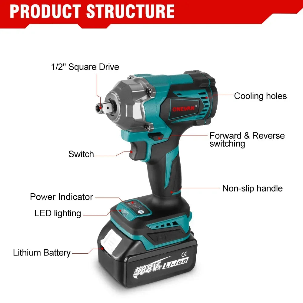 ONEVAN 1200N.M Brushless Electric Impact Wrench 3 Funtion 1/2 inch Cordless Screwdriver Electric Drill for Makita 18V Battery