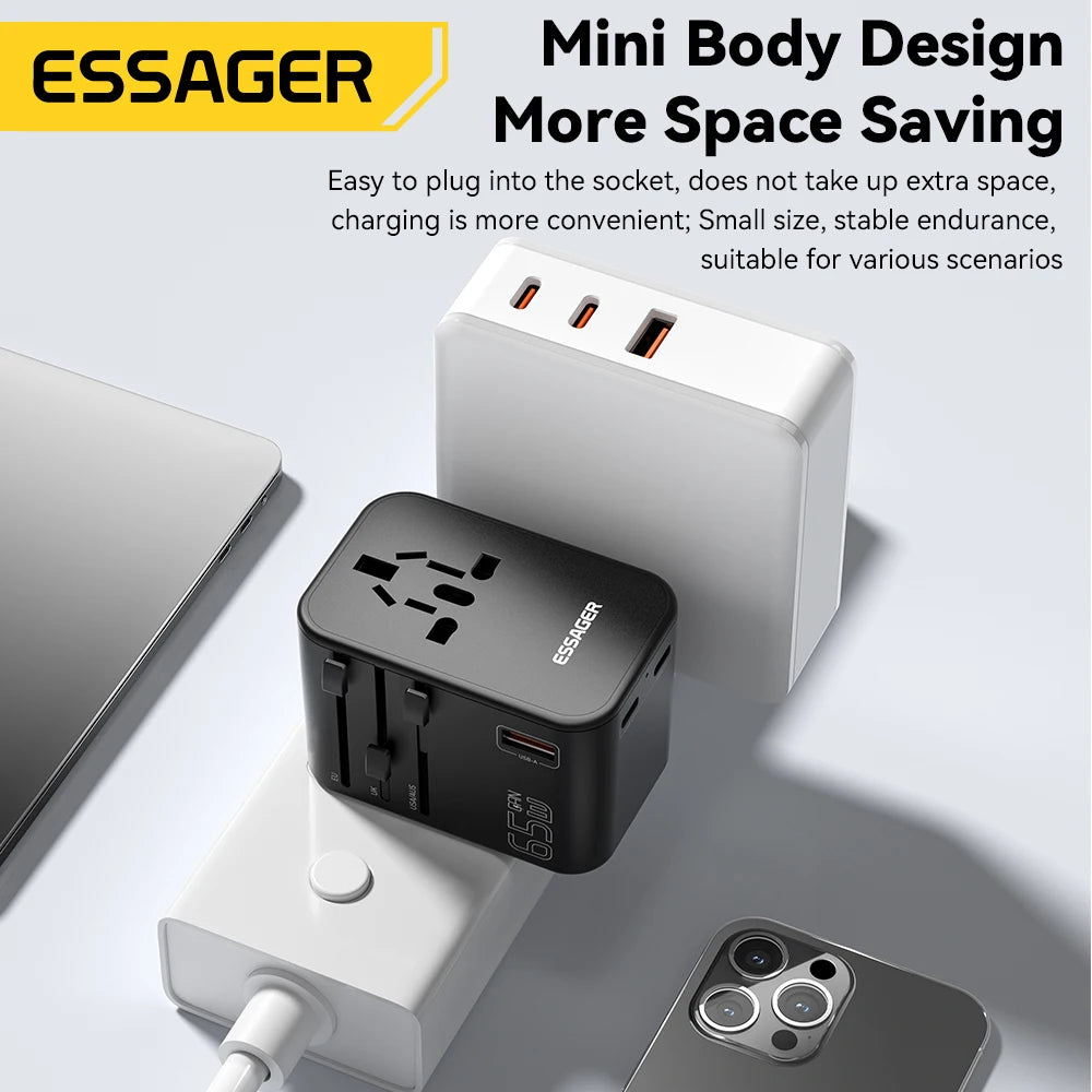 Essager Universal Travel Adapter Charger 65W All-in-One Travel Charger Fast Charger for US EU AU Plug UK Full Function Charging