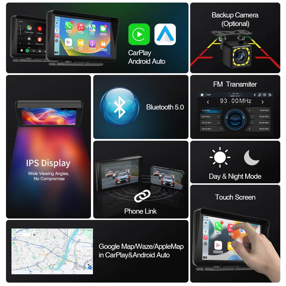 AKAMATE Universal Car Radio Monitor CarPlay Android Auto Multimedia Player Bluetooth WiFi AUX TF Card IPS Screen 7inch 2din