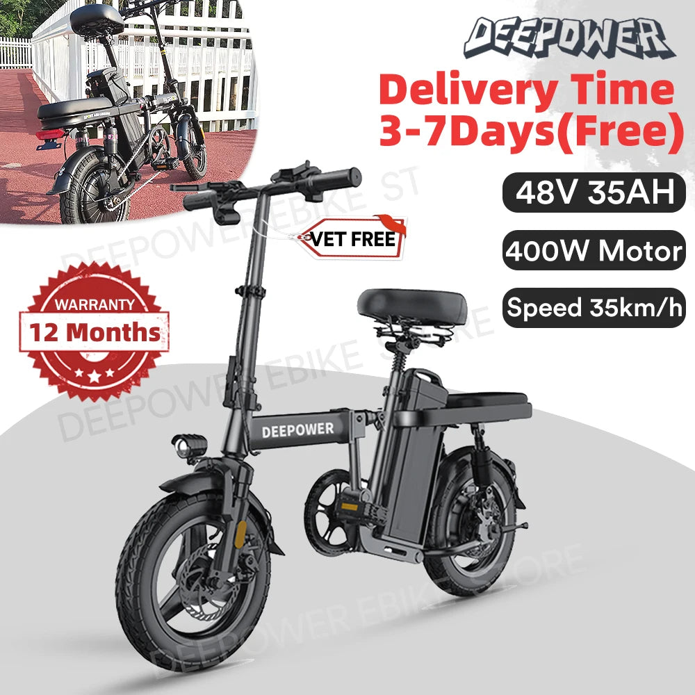 DEEPOWER RS6 Ebike Folding Mini Electric Bicycles 14Inch 48V 15Ah Bike Lithium Battery E-Bike 400W Motor Adults Electric Bikes