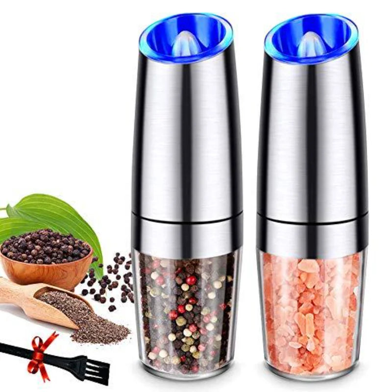 Gravity Electric Pepper and Salt Grinder Set Adjustable Coarseness Battery Powered with LED Light One Hand Automatic Operation