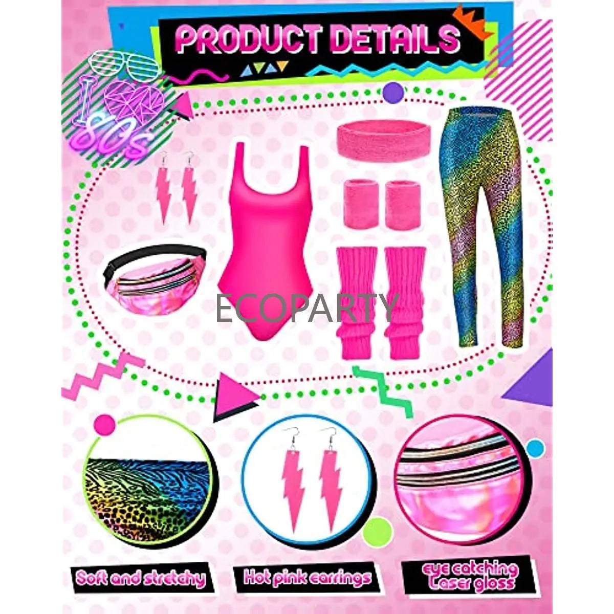 7 Pcs 80s Fancy Workout Costume 80s Accessories Set 80s 90s Leotard Legging Headband Wristbands Leg Warmers Earrings Fanny Pack