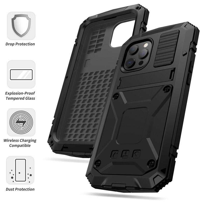 Full-Body Rugged Armor Shockproof Protective Case for iPhone 14 Plus 13 12 11 14 Pro Max Mini Kickstand Aluminum Metal Cover - RY MARKET PLACE