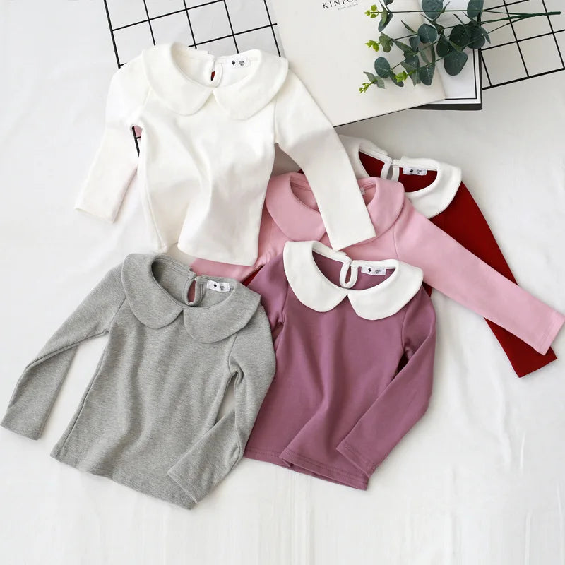 2024 Spring Autumn Children Girl Shirts Cotton Turn Down Collar Baby Girl Undershirt Casual Long Sleeve Young Kid Girl Pullovers