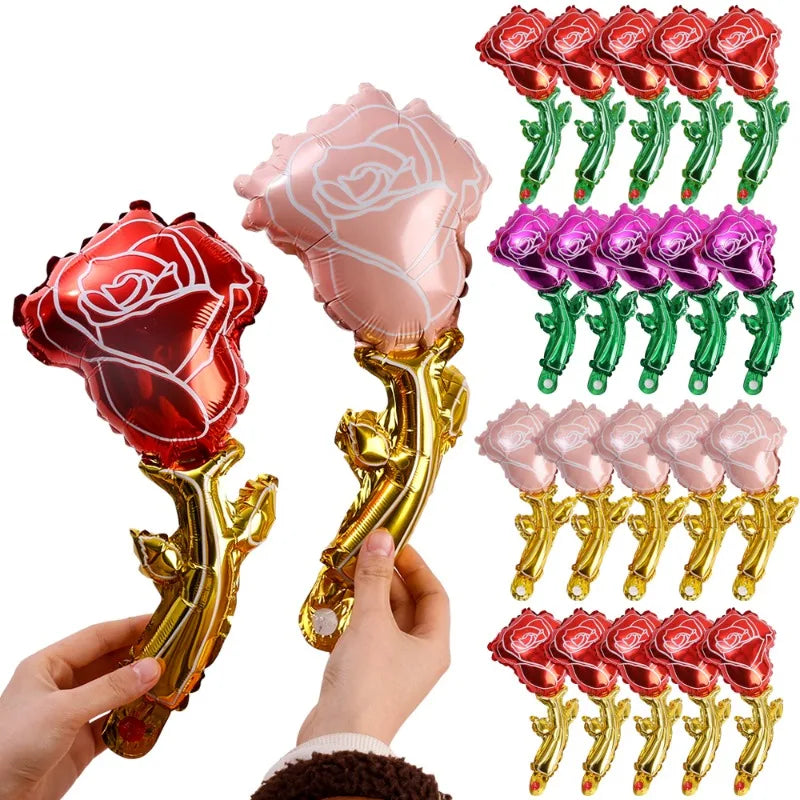 50/5Pcs Handhold Rose Flower Balloons Mini Rose Shaped Aluminum Film Balloons Mother's Day Decorations Wedding Party Supplies