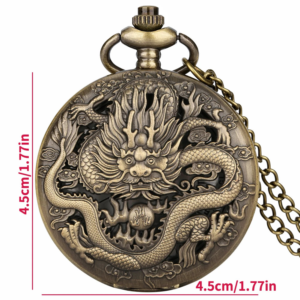 Antique Dragon Hollow Quartz Pocket Watch, Unisex Analog Necklace Sweater Pendant Pocket Watch, Gift For Father's Day