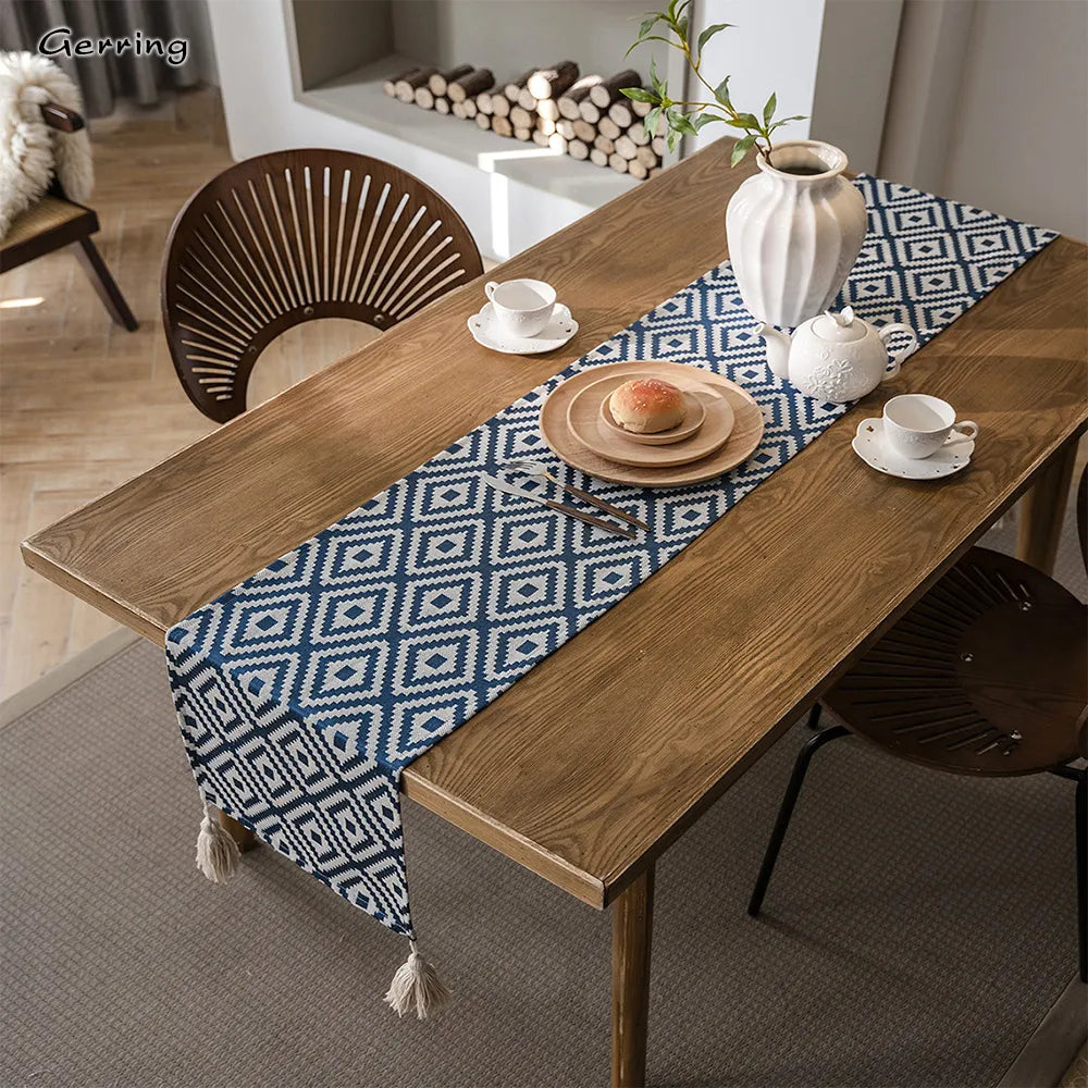 Gerring Nordic Jacquard Blue Table Runner Geometric Tassel Green Tea Table Flag Modern Elegant Table Runners For Dining Table