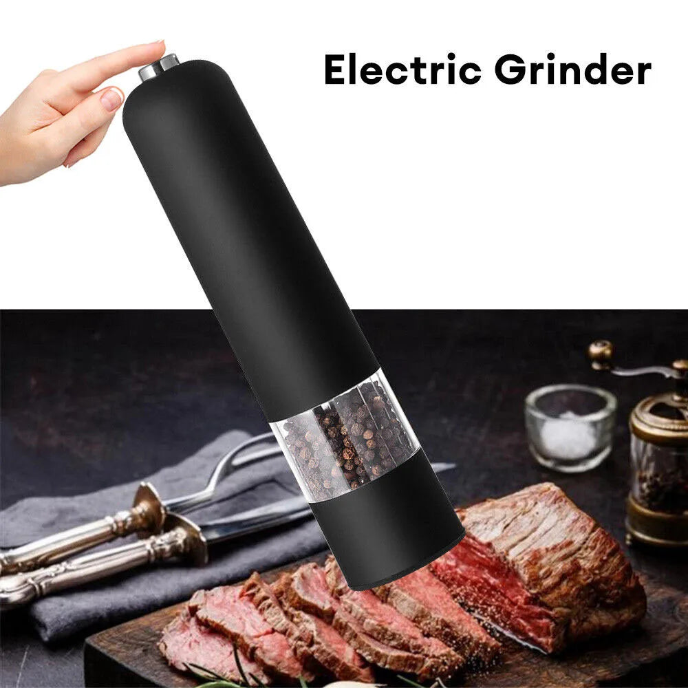 Black Electric Automatic Salt and Pepper Grinder Spices Mill Kitchen Tool Battery Operated Adjustable Coarseness with LED Light