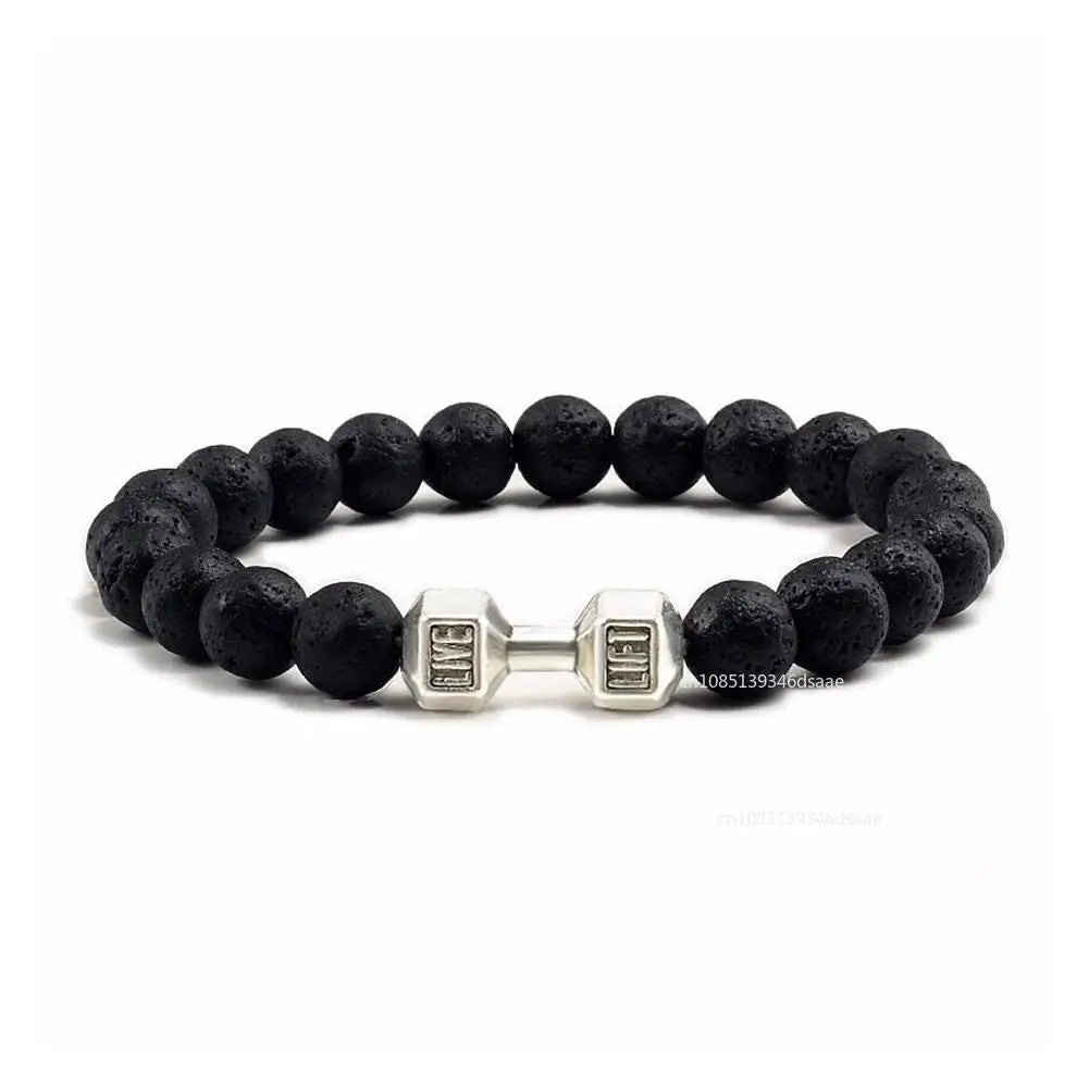 Lava Bracelet Black Volcanic Stone Black Matte Dumbbell Beads Bracelets Father's Day Gift for Women Men Fitness Barbell Jewelry