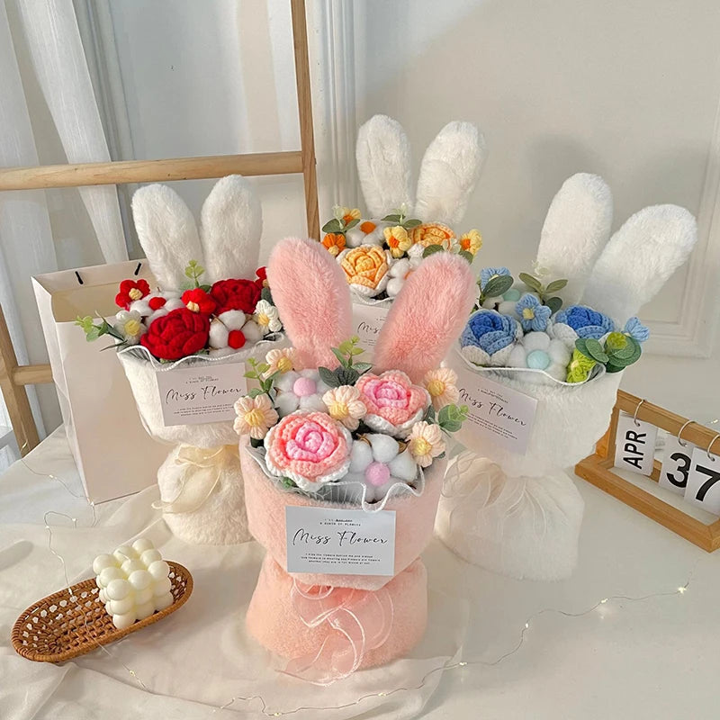 Artificial Crochet Flower Bouquet Hand-knitted Bouquet Multi Colored Faux Flower Mother Day Gift Birthday Wedding Guest Gift 꽃다발