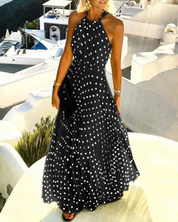 2022 Summer New Sexy Halter Off Shoulder Dress Wave Dot Printed Chiffon Pleated Long Dress Bohemian Style Big Swing Vacation - RY MARKET PLACE