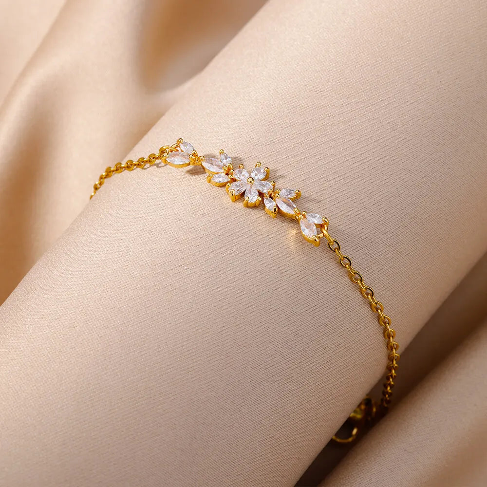 Elegant Zircon Flowers Bracelet For Women Girls Charm Gold Color Stainless Steel Plant Bracelets Luxury Designer Jewelry Gifts