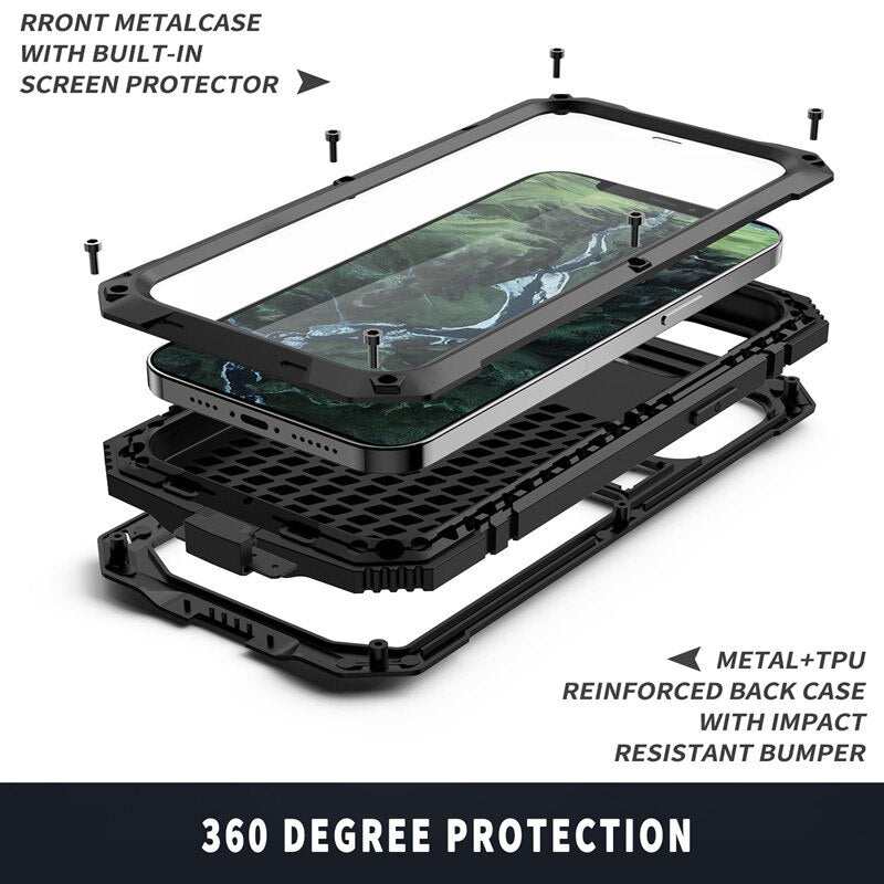 Full-Body Rugged Armor Shockproof Protective Case for iPhone 14 Plus 13 12 11 14 Pro Max Mini Kickstand Aluminum Metal Cover - RY MARKET PLACE