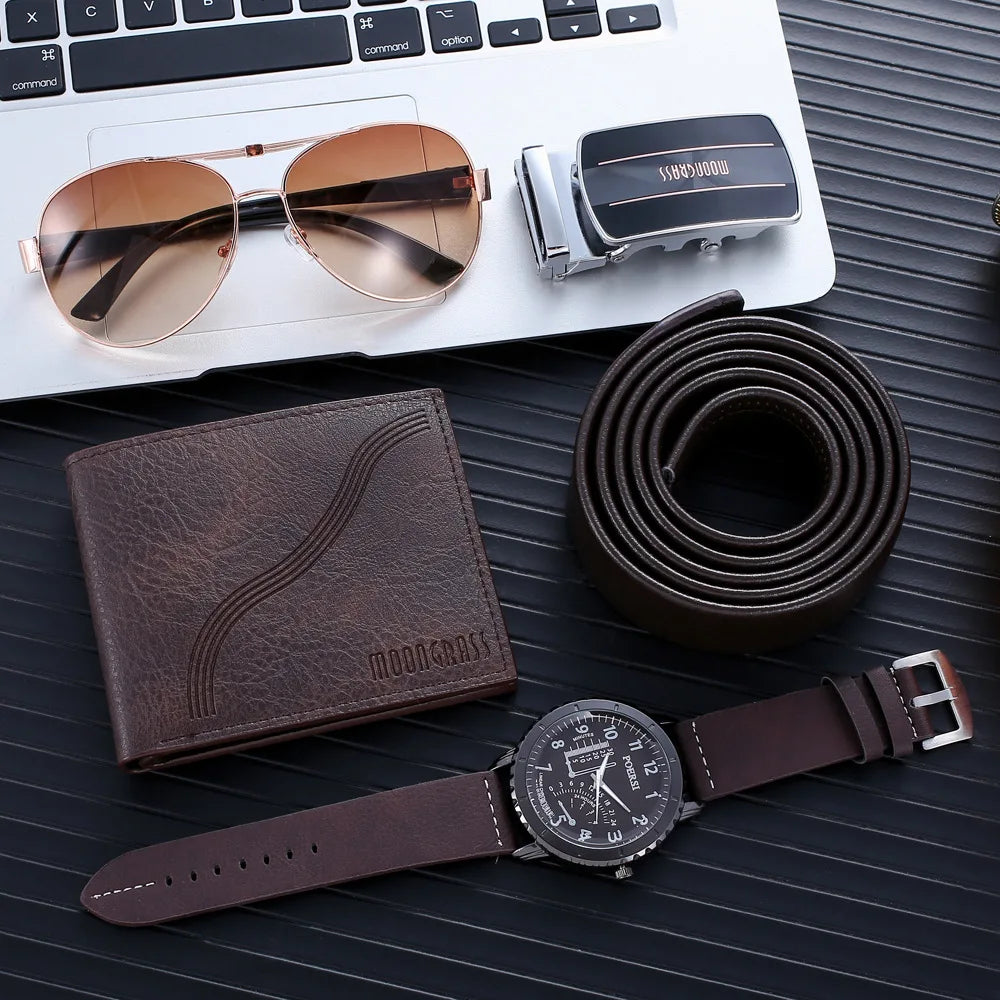 4pcs/set Men Watch Set in Box Fashion Leather Belt Man Wallet Glasses Quartz Watch Men Set Father's Day Birthday Gifts for Him