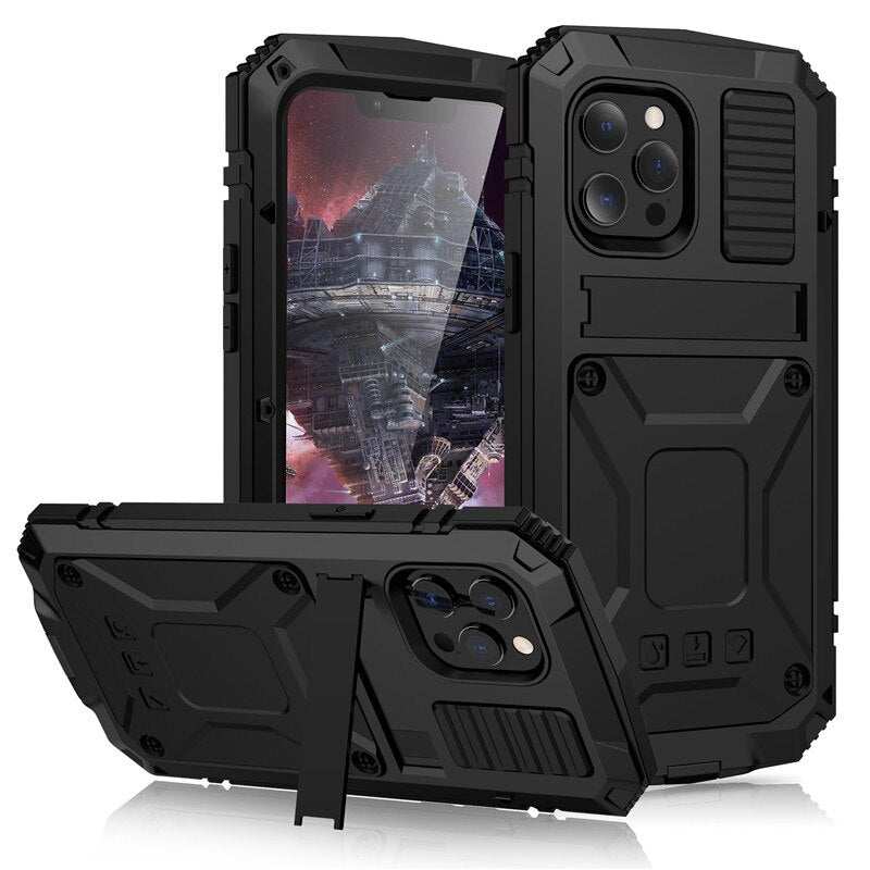 Full-Body Rugged Armor Shockproof Protective Case for iPhone 14 Plus 13 12 11 14 Pro Max Mini Kickstand Aluminum Metal Cover - RY MARKET PLACE